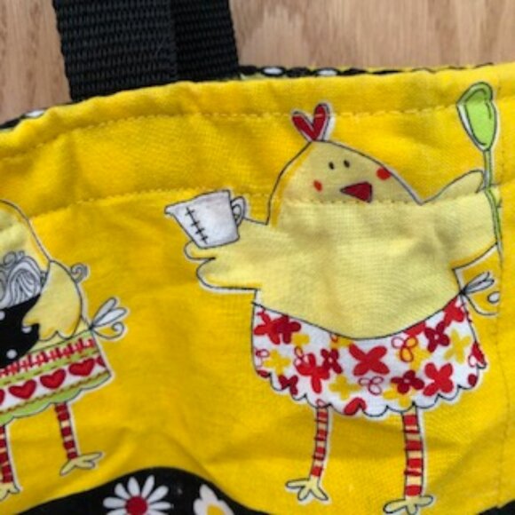Fun Chickens in the Kitchen Cotton Tote Shopping Bag Yellow Black Red - Picture 3 of 5